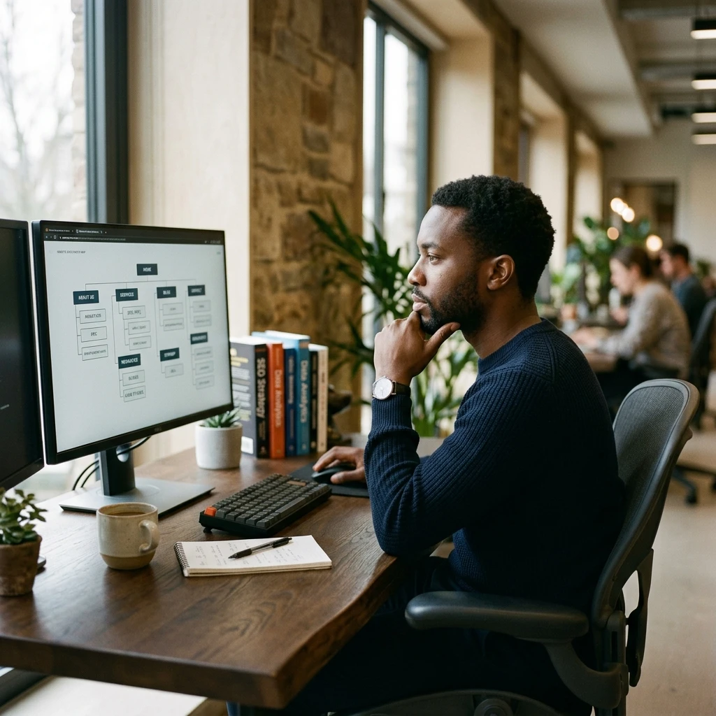 Business professional reviewing digital strategy at desk